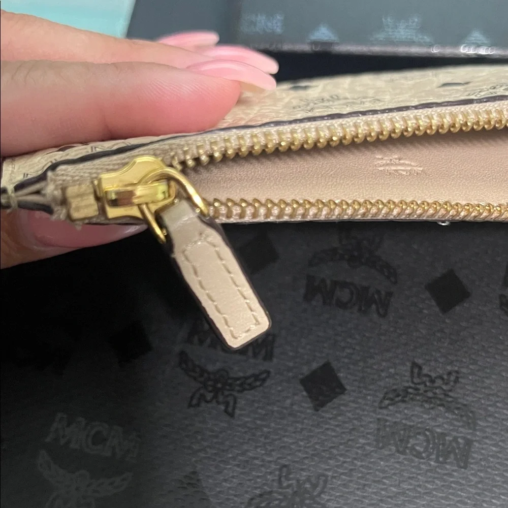 MCM Tan Monogram Key Holder with Gold Chain